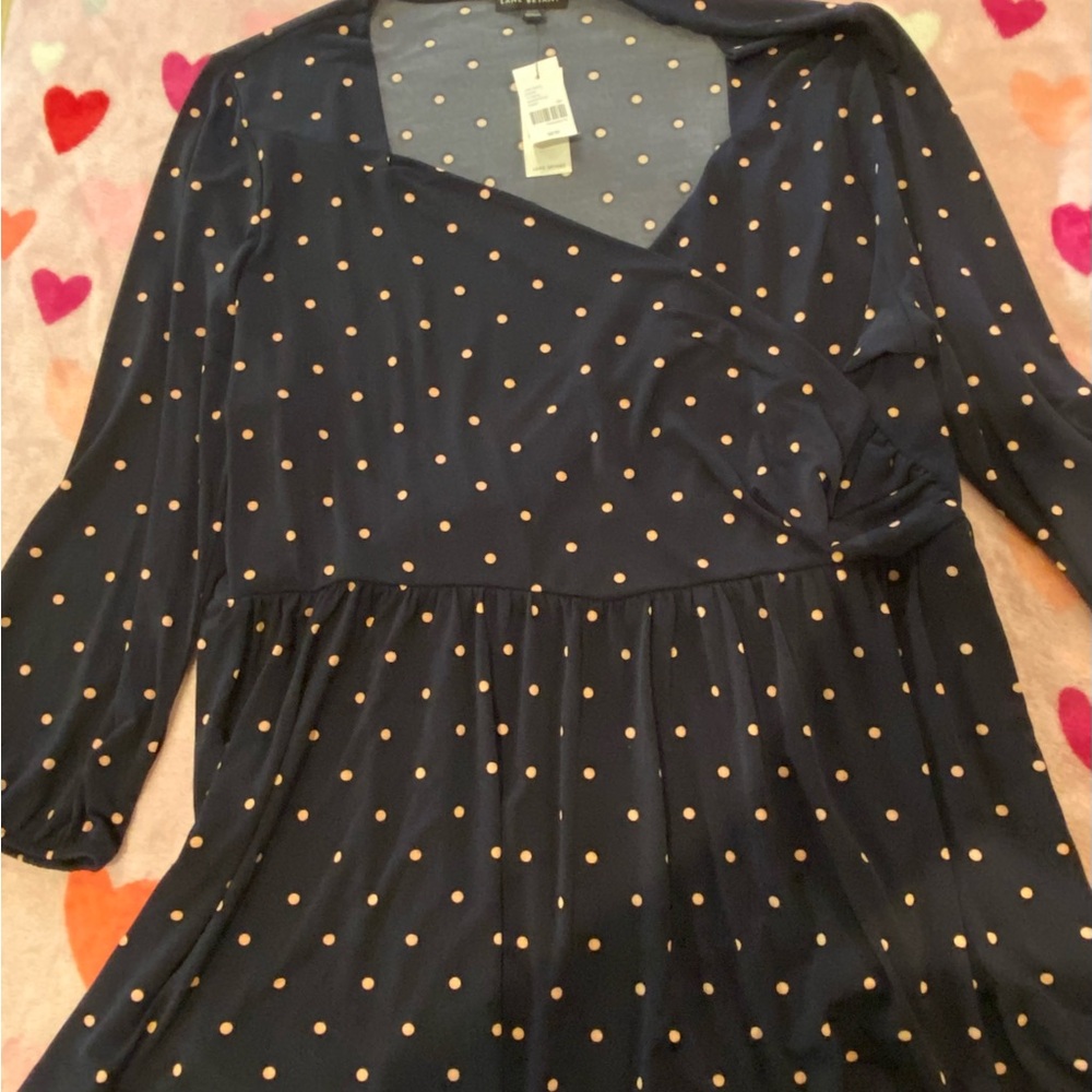 Lane Bryant Navy Blue with Rose Pink Polka Dots L/S Wrap Front Fit&Flare Blouse